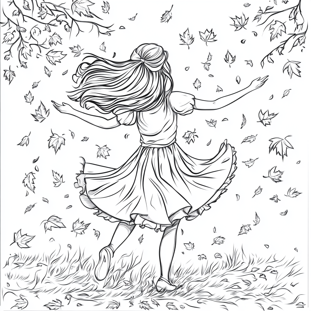 A girl dancing in autumn park coloring page