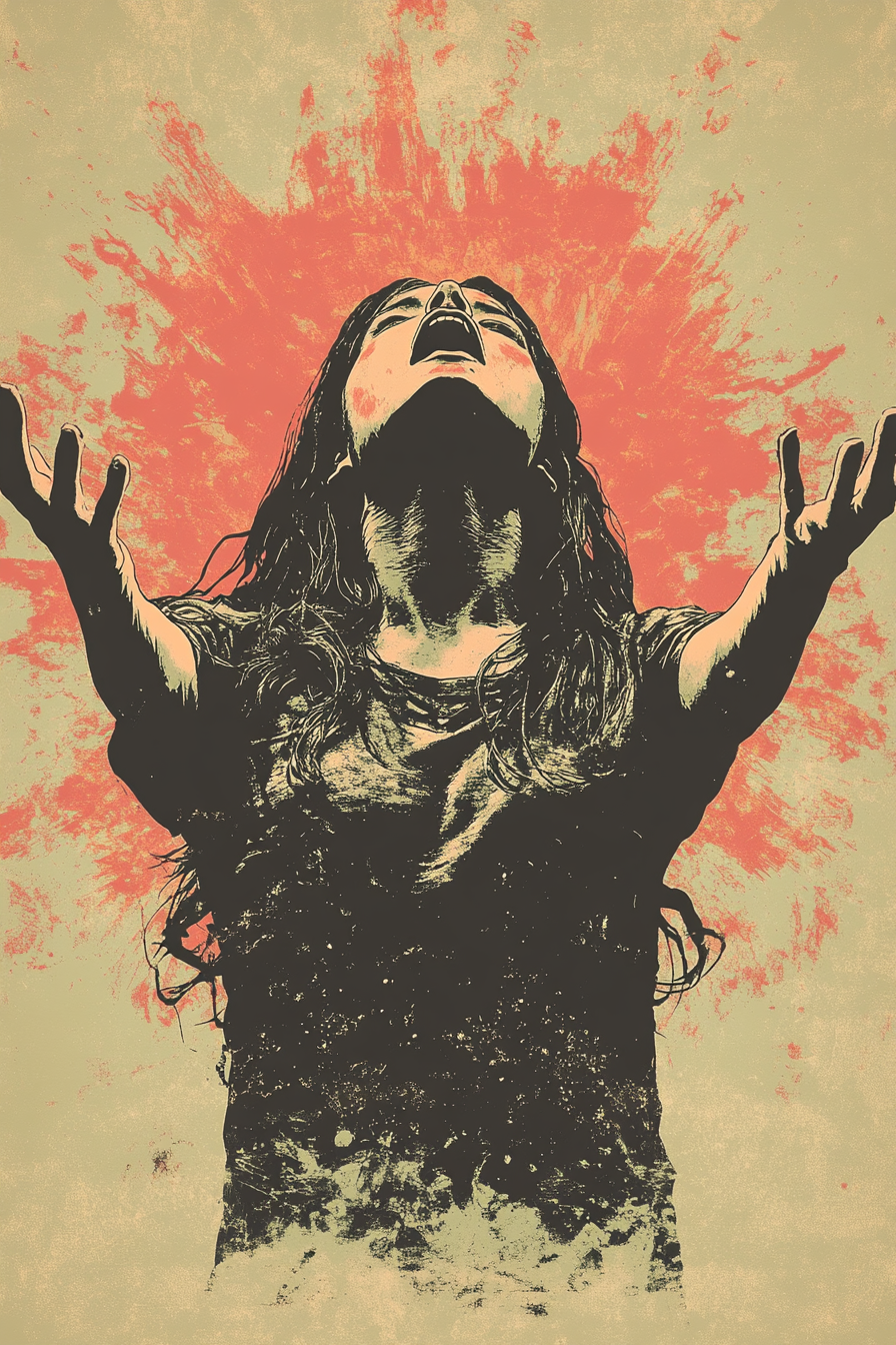 A girl exorcised on a surreal t-shirt graphic