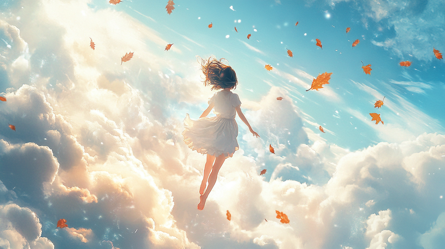 A girl flying in clouds, wearing a dress. Sky sunny.