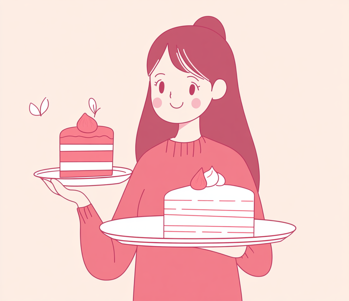 A girl holding cake on plate in red & pink.