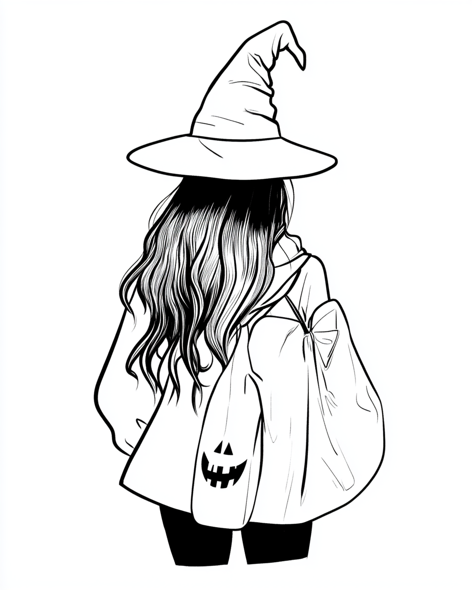 A girl in a witch hat trick-or-treating.