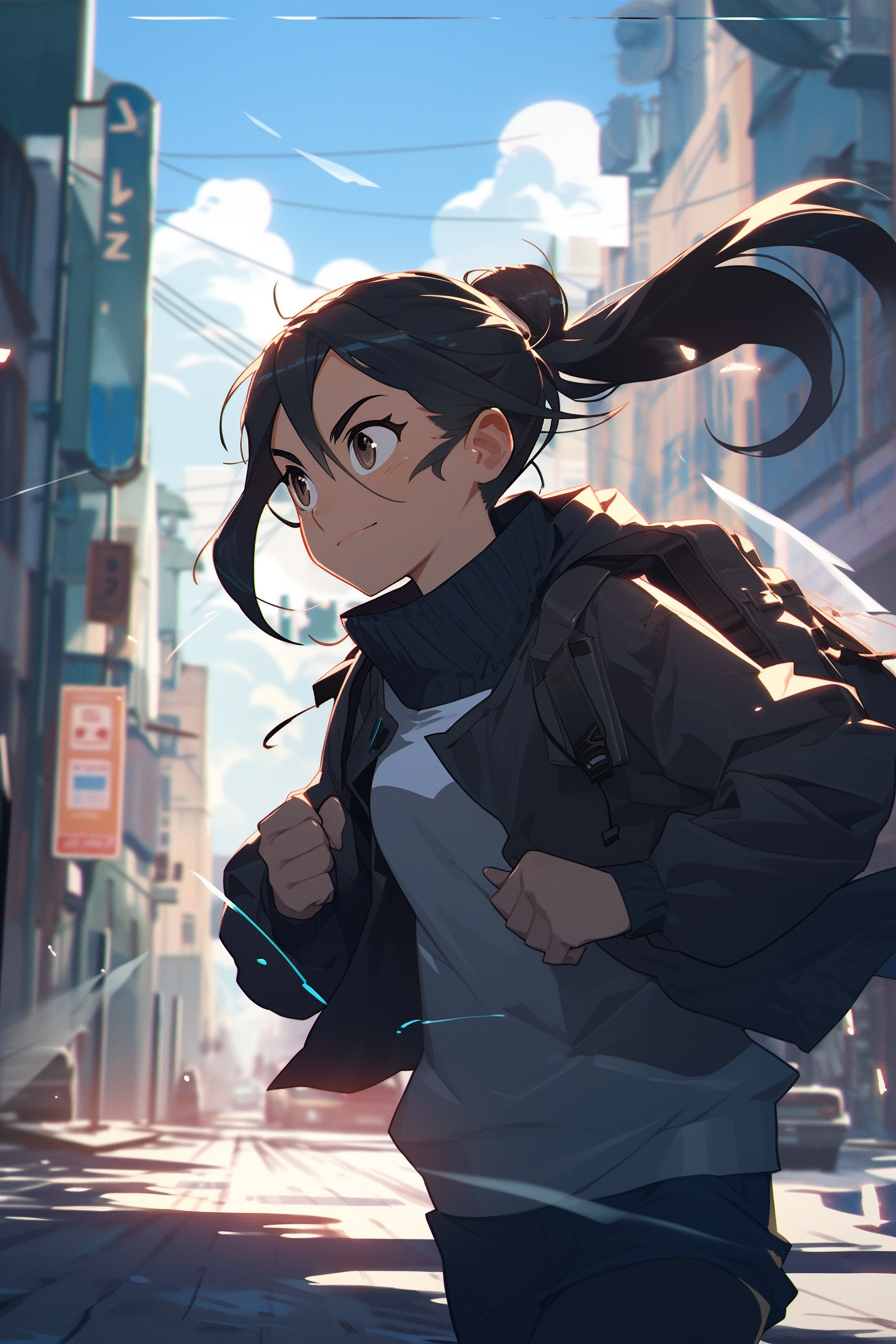 A girl in jacket with ponytail running.