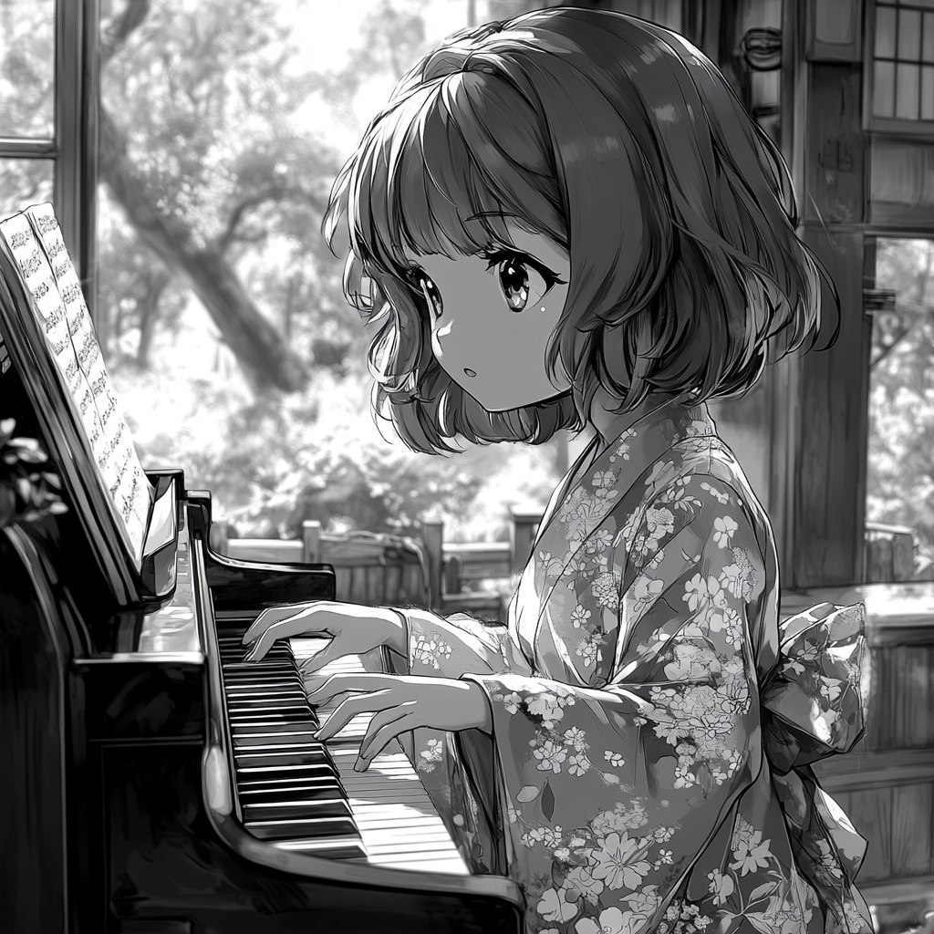 A girl in kimono playing piano in black&white