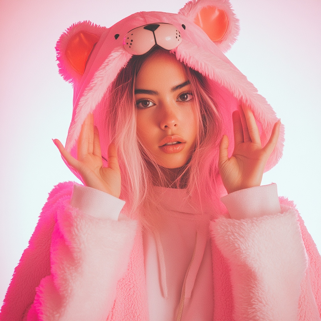 A girl in pink animal cape posing playfully