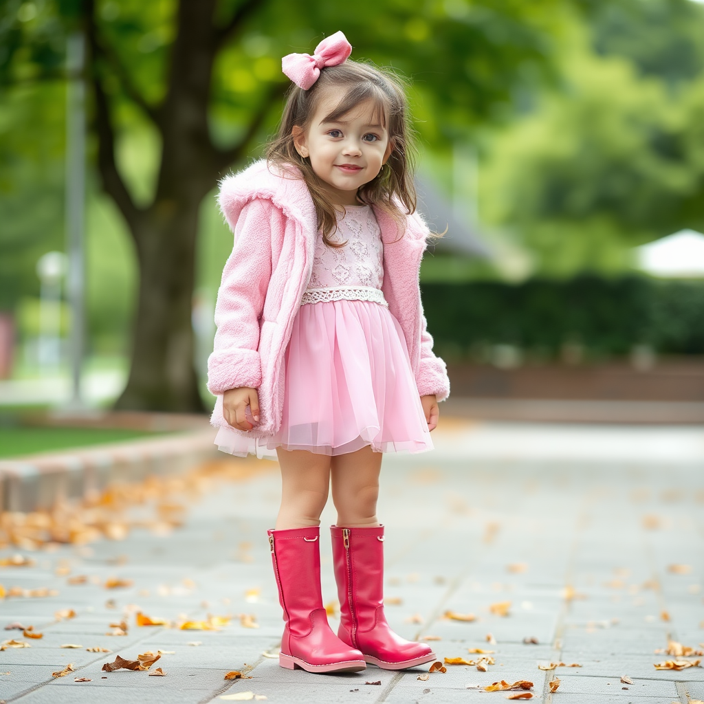 A girl in pink boots standing peacefully