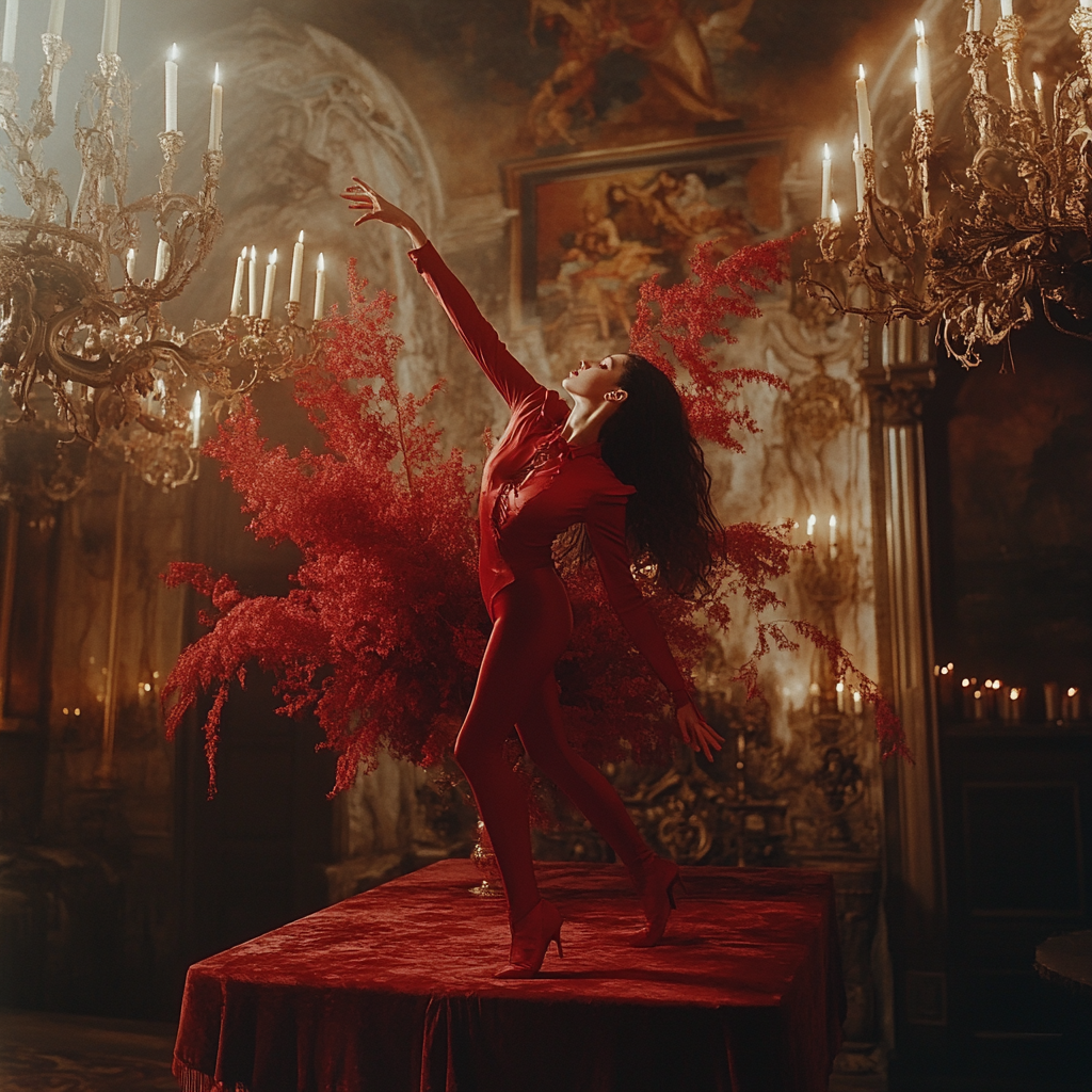 A girl in red suit performing in hall