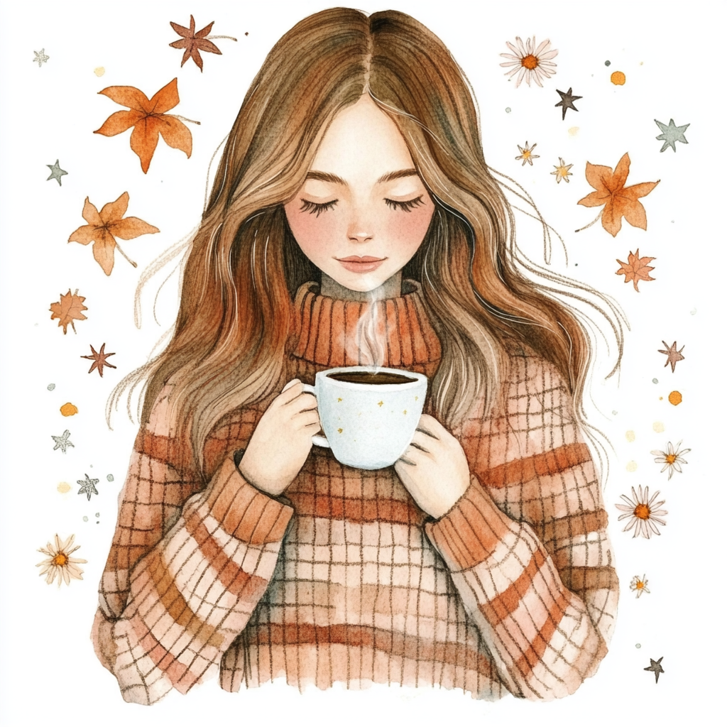 A girl in sweater with coffee in fall setting.