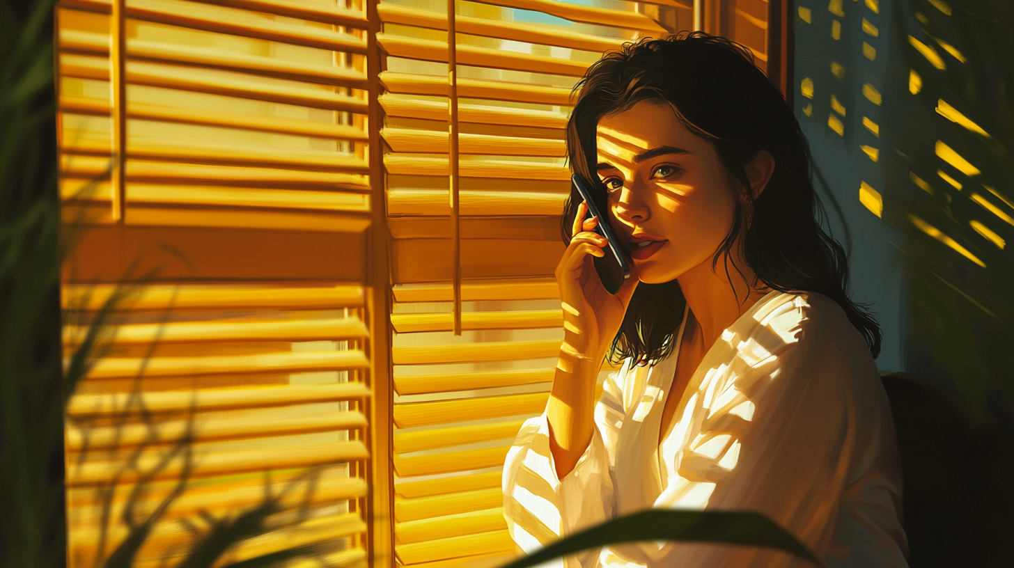 A girl in white nightwear talks on phone.