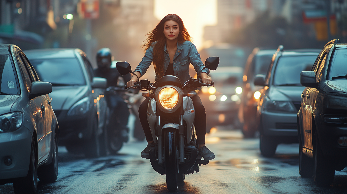 A girl on a motorcycle weaving through traffic