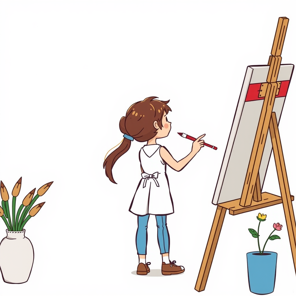 A girl painting in cartoon style illustration.