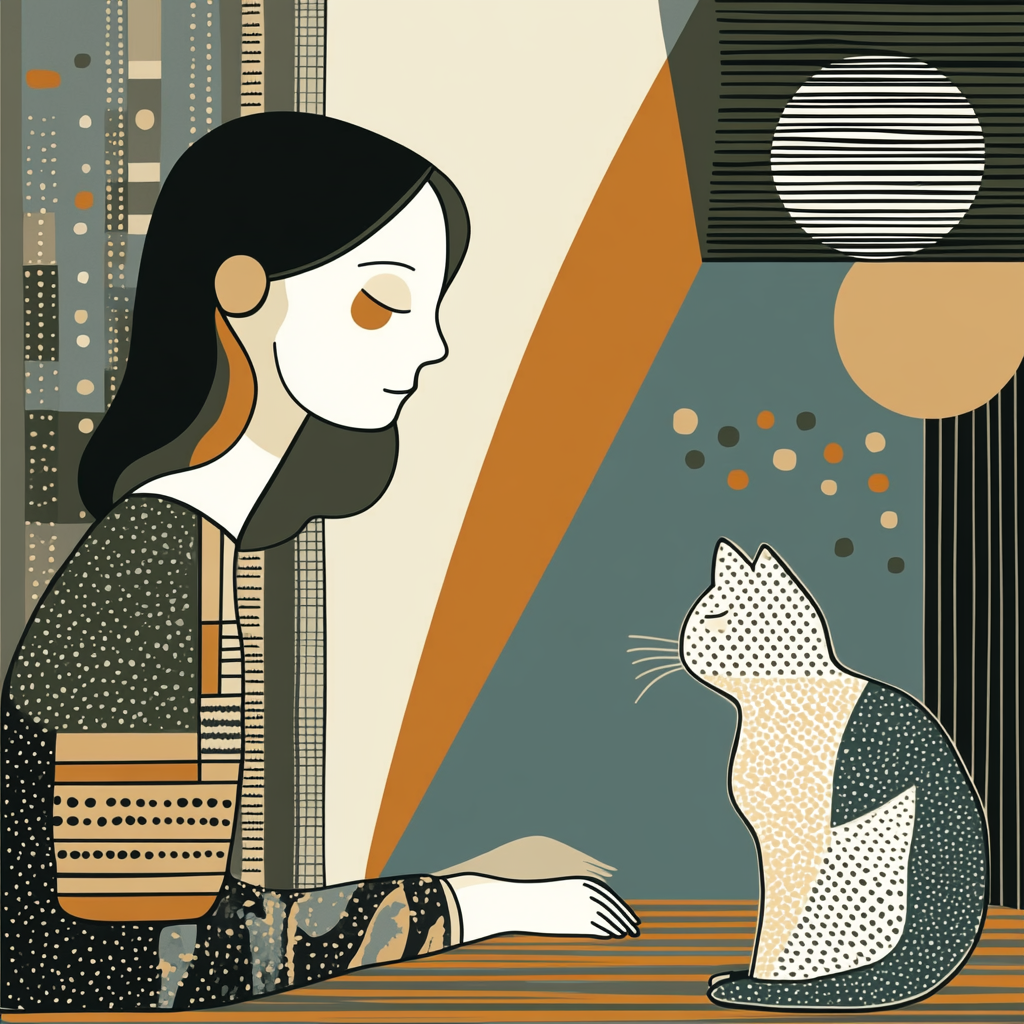 A girl playing with cat in detailed illustration