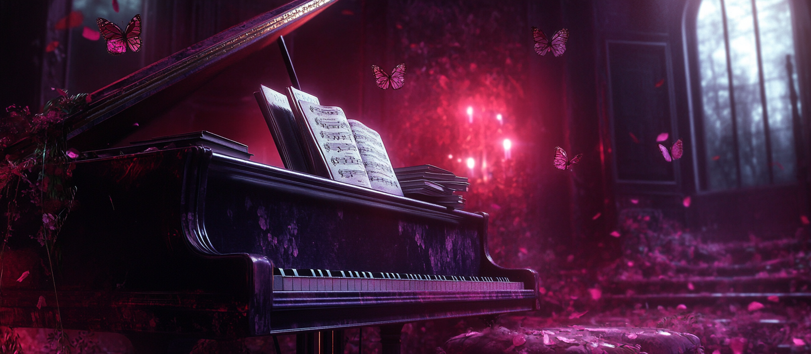 A girl plays piano in romantic forest night.