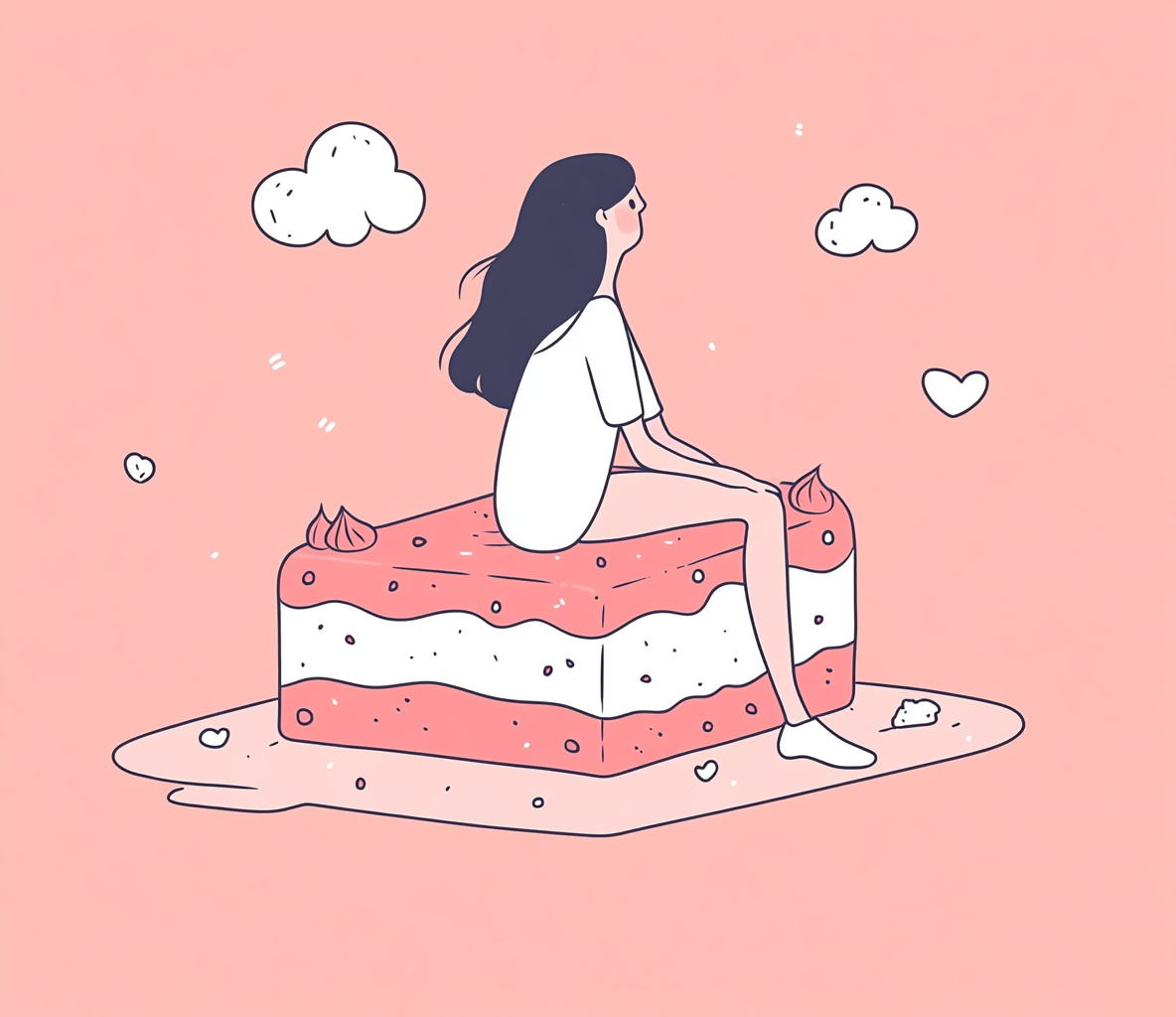 A girl sits on cake in red cartoon.