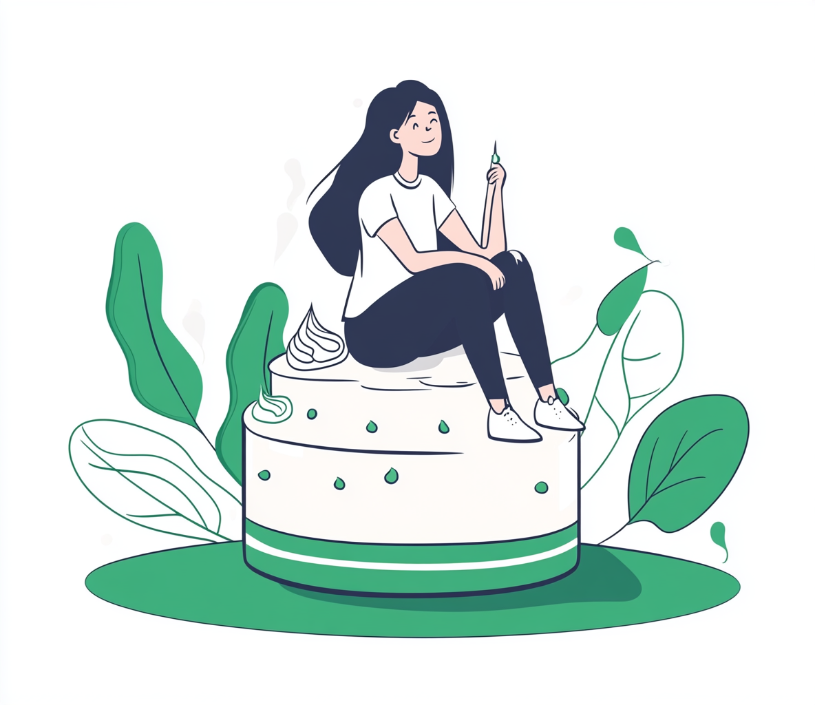 A girl sitting on a cake drawing.