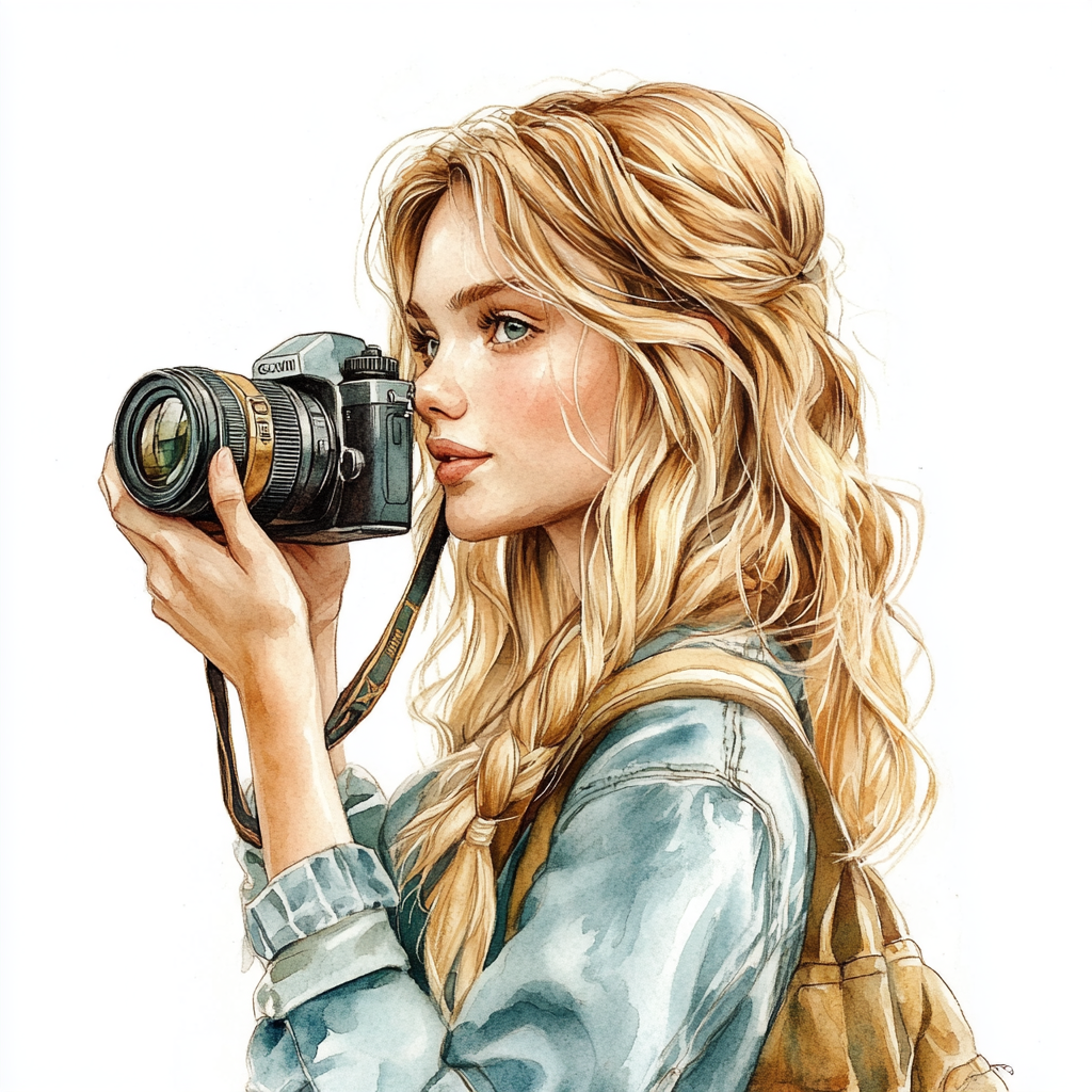 A girl with camera in watercolor illustration