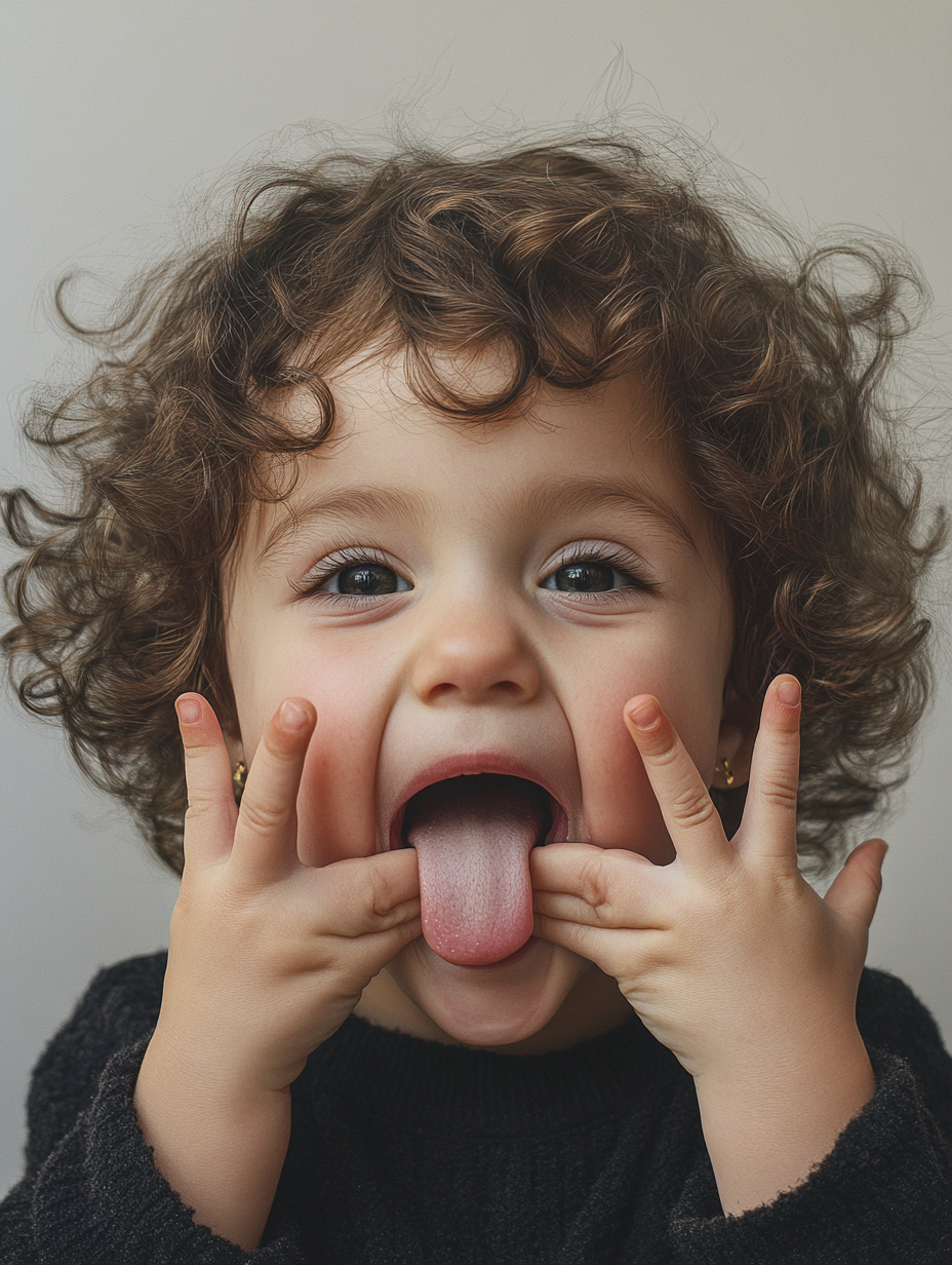 A girl with curly hair sticks out tongue.