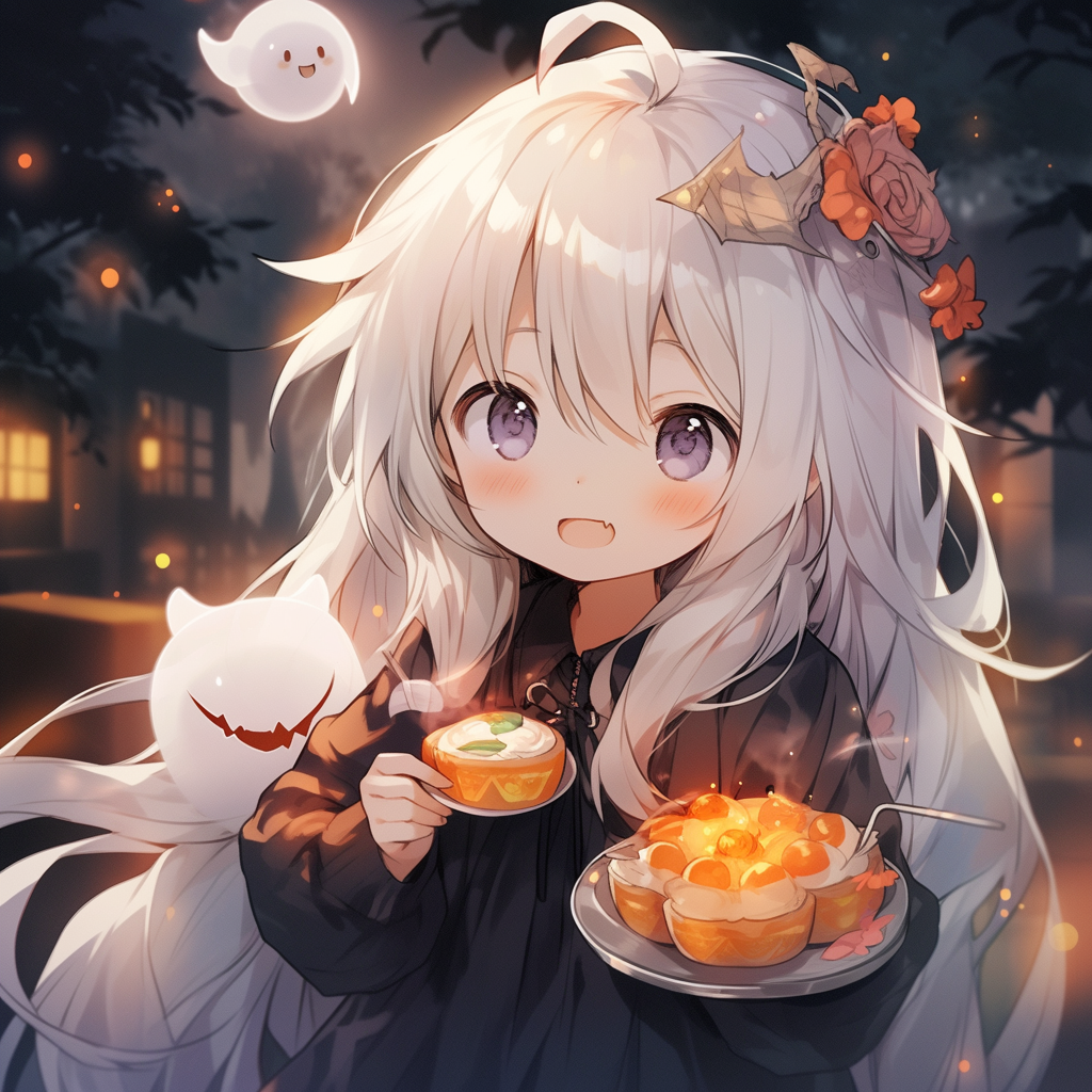 A girl with white hair eats Halloween pudding, 5.