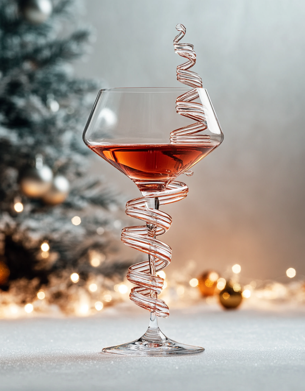 A glass of red wine with Christmas tree stem