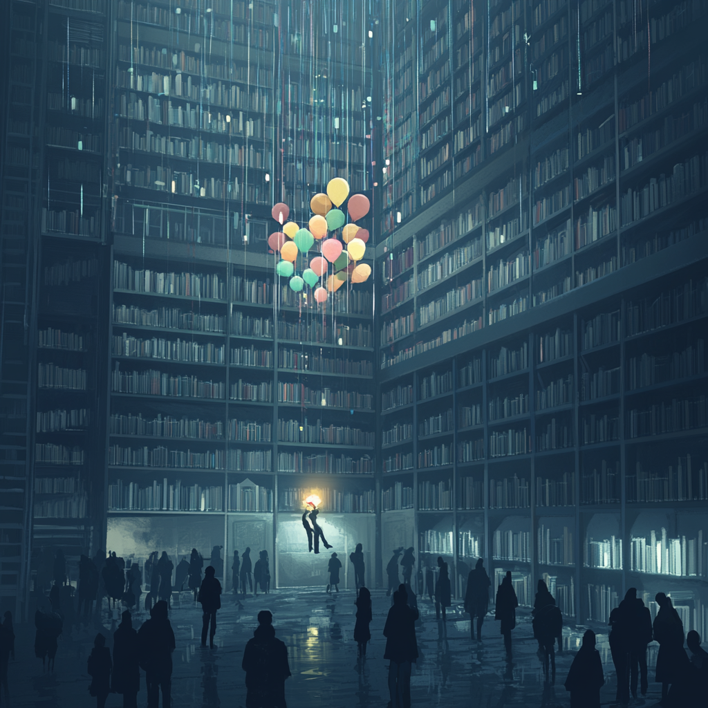 A gloomy library with students reading grey books. One student with colorful balloons and glowing book stands out.