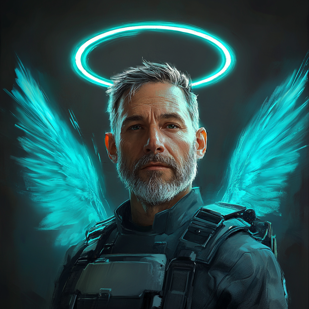 A glowing man with cyan wings and halo