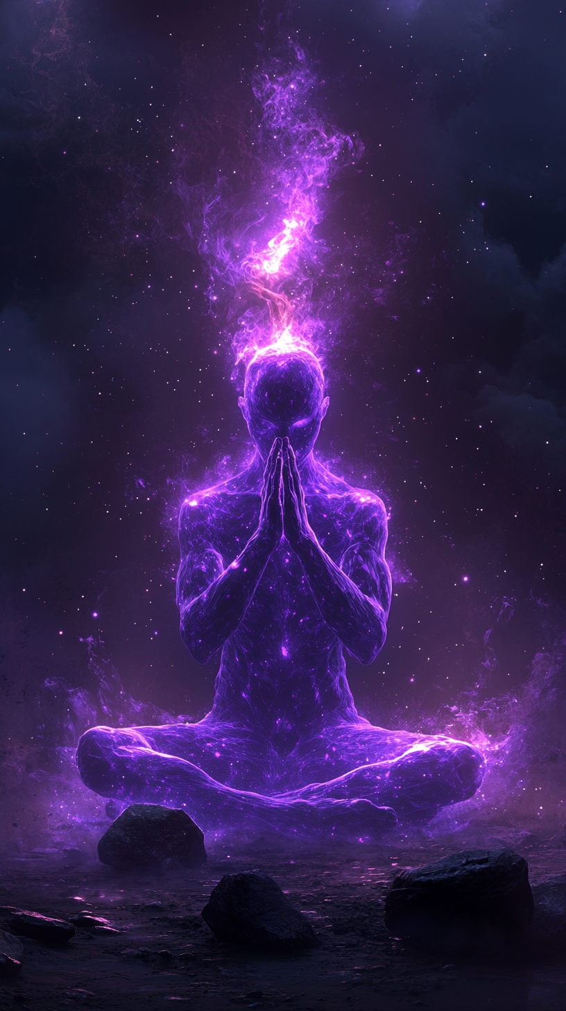 A glowing purple figure in prayerful pose.