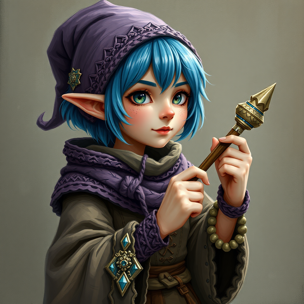 A gnome wizard with blue hair and a crochet wand.