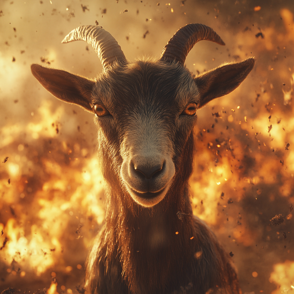 A goat stares in apocalypse, gods, demons, burning world.