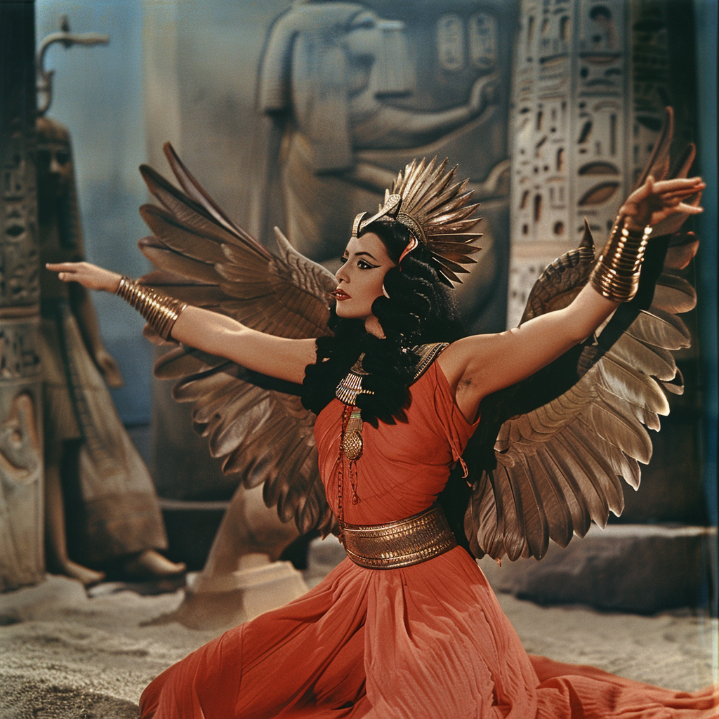 A goddess in red dress with outstretched wings.