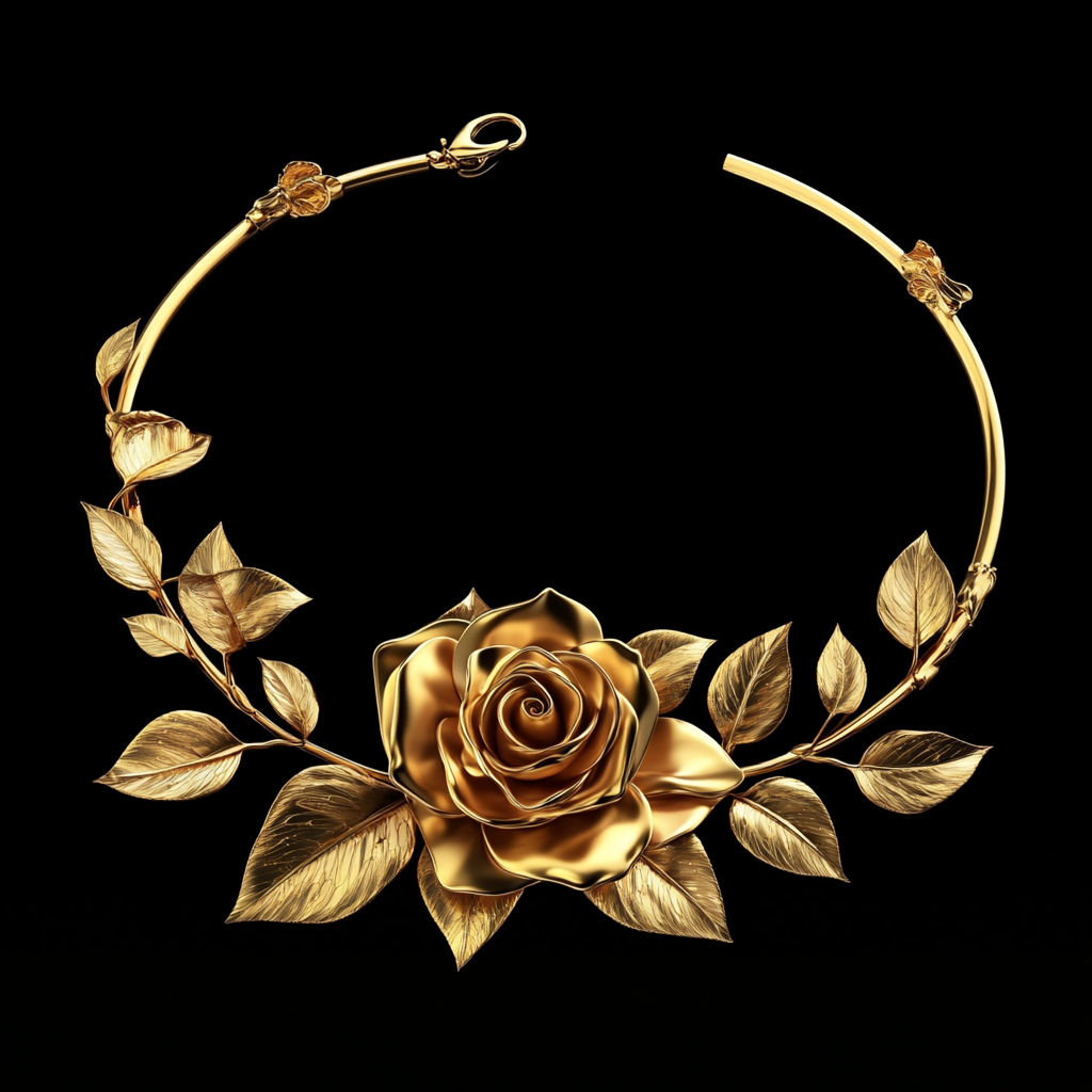 A gold rose necklace on black background.