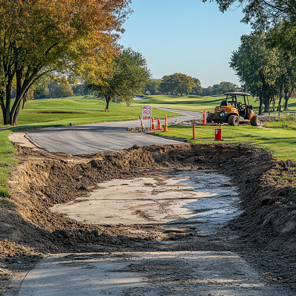 A golf cart path being repaired on a course.