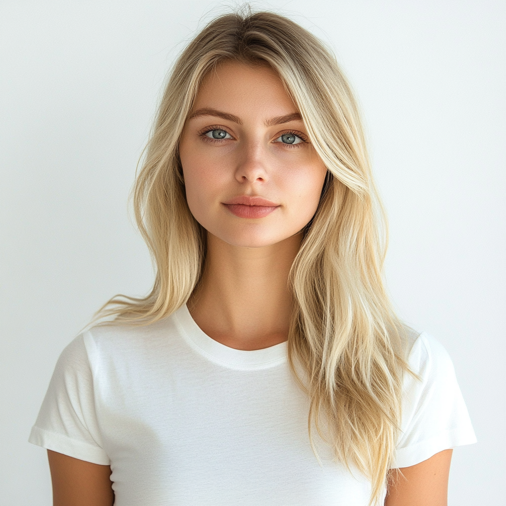 A gorgeous blonde girl wearing a white T-shirt