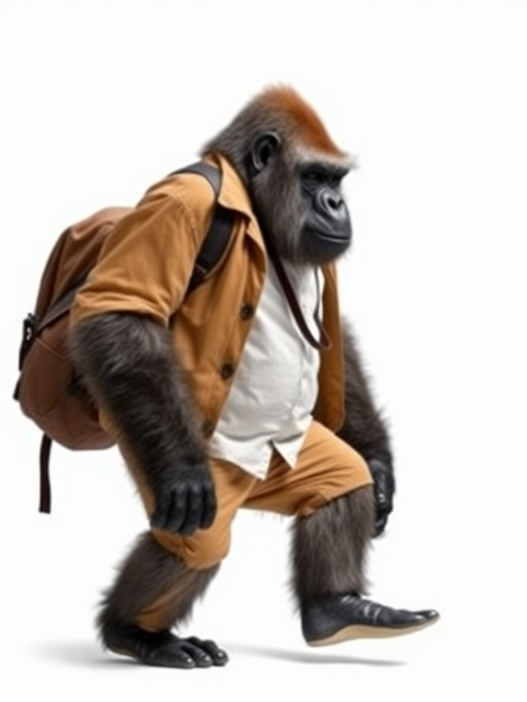 A gorilla walking like a man in clothes.