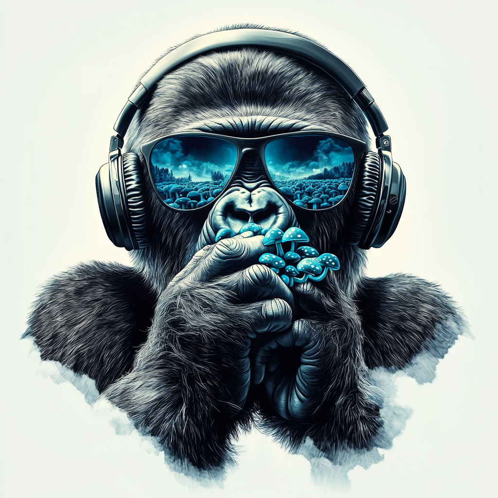 A gorilla wearing sunglasses, headphones, reflecting blue mushrooms.