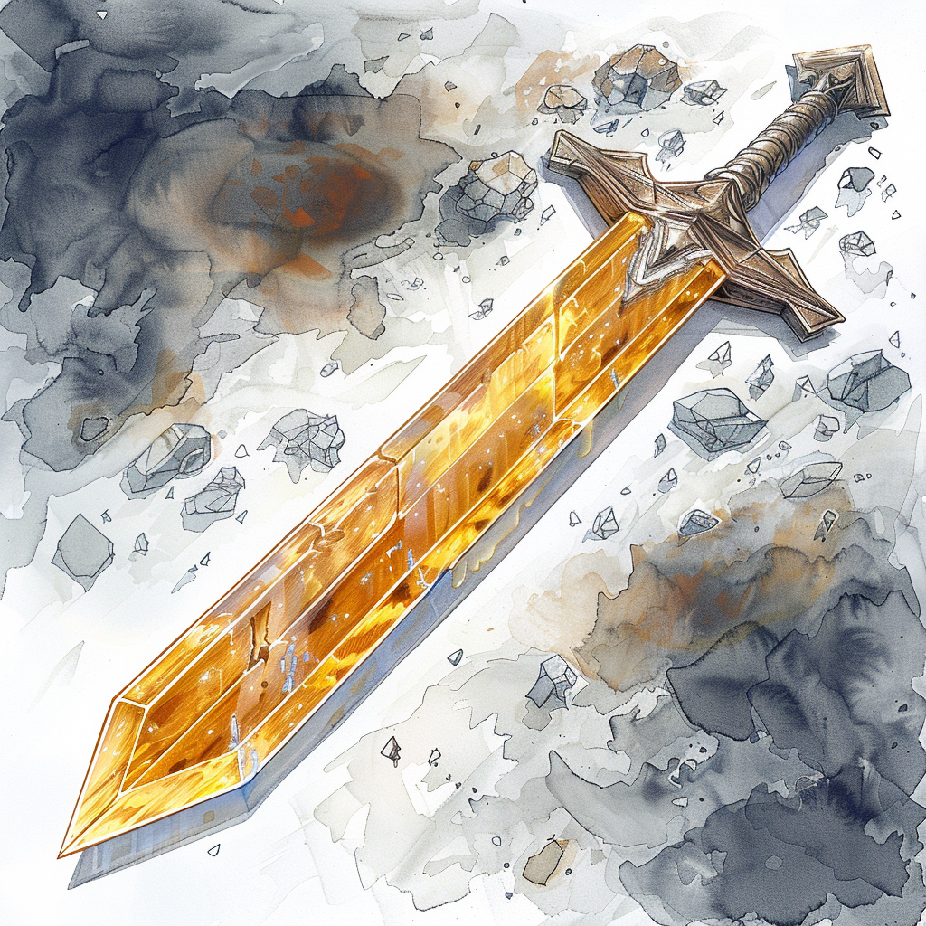 A gothic fantasy sun sword with crystal glowing blade.