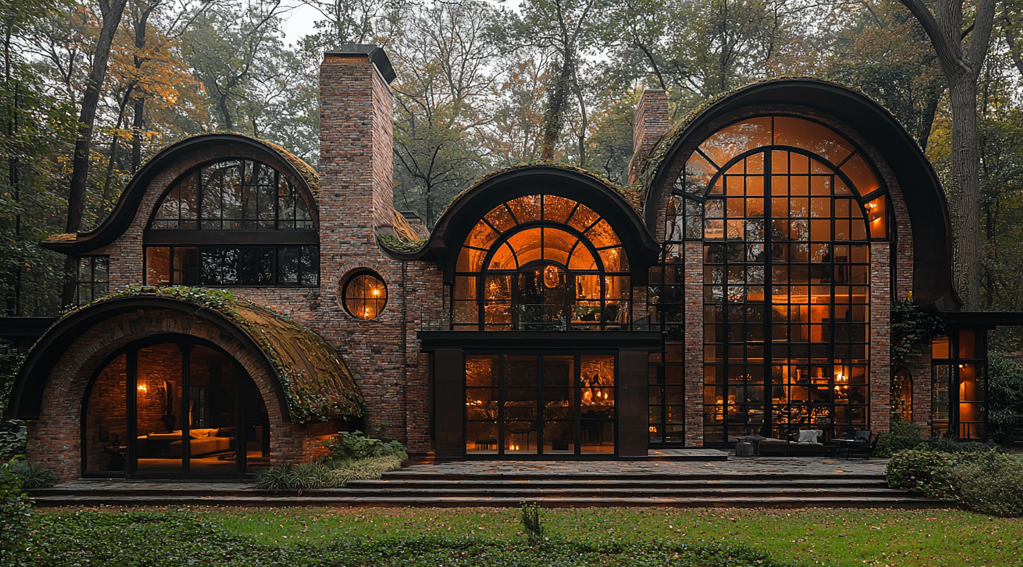 A grand house with brick walls in forest