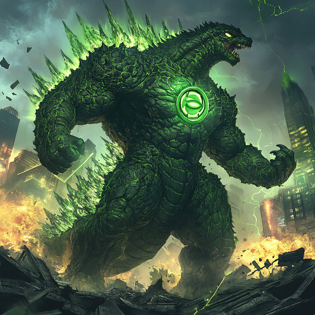 A green Lantern-Godzilla hybrid in a destroyed cityscape.