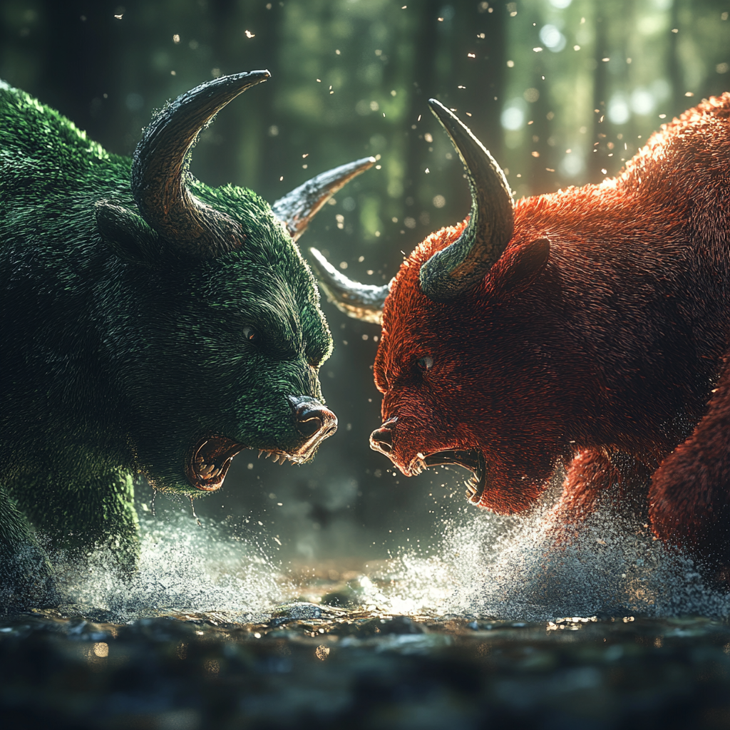 A green bull defeats a red bear in battle.