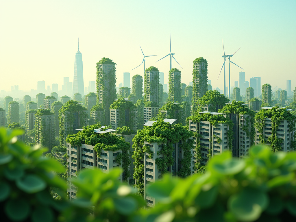 A green city with solar panels and wind turbines.