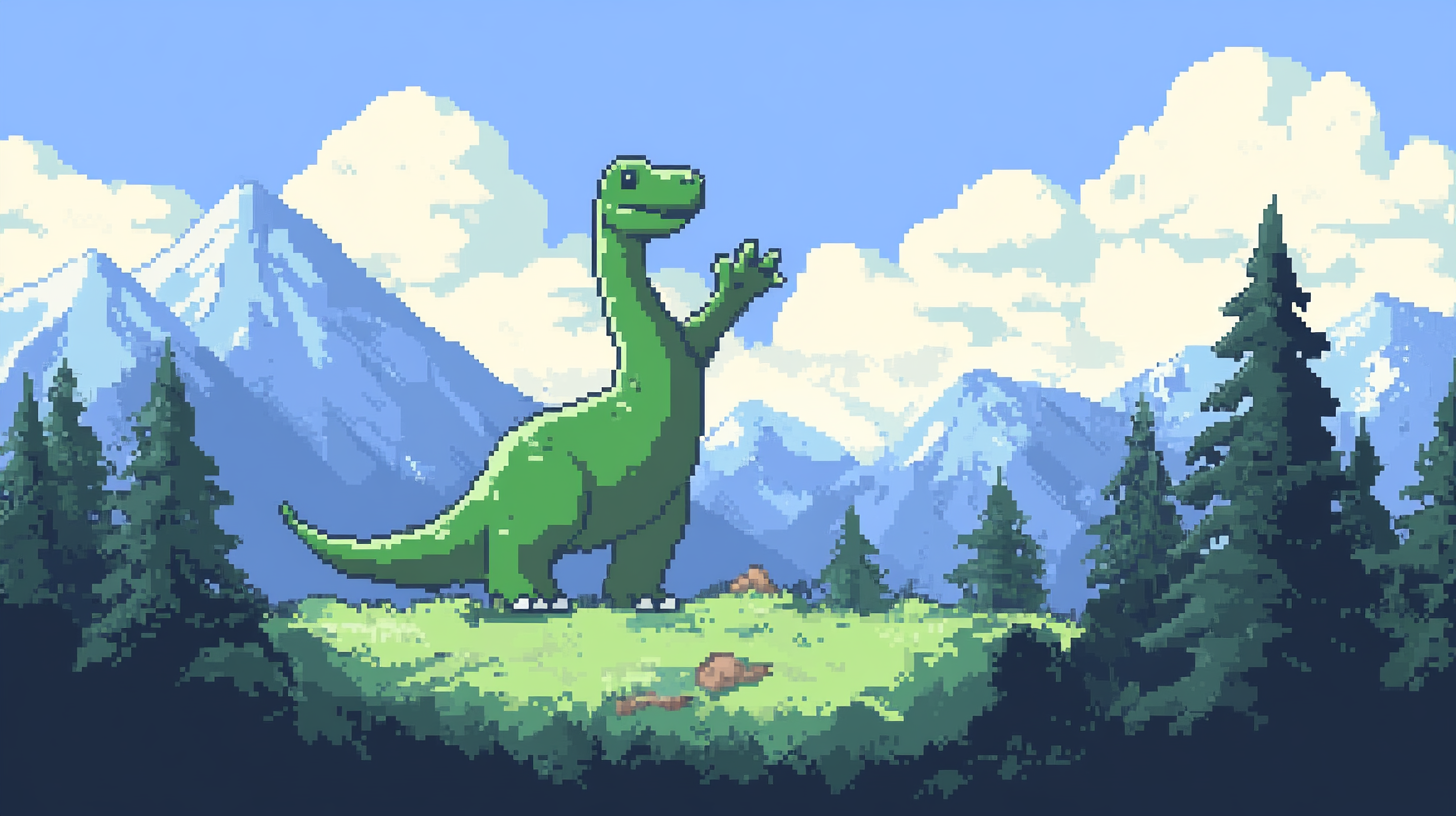 A green dinosaur waving in sunny 8-bit clearing