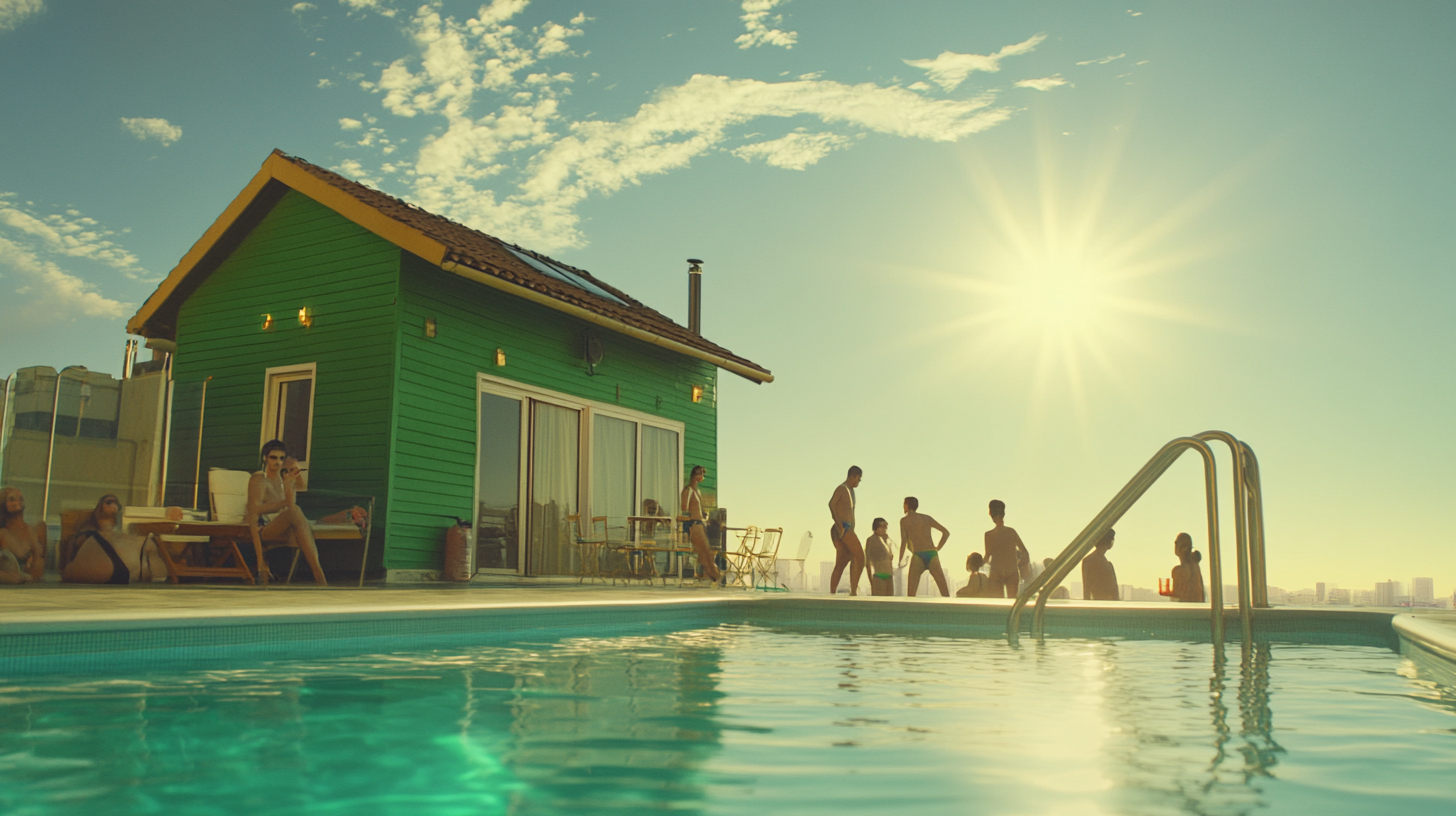 A green hut beside rooftop pool on sunny day.