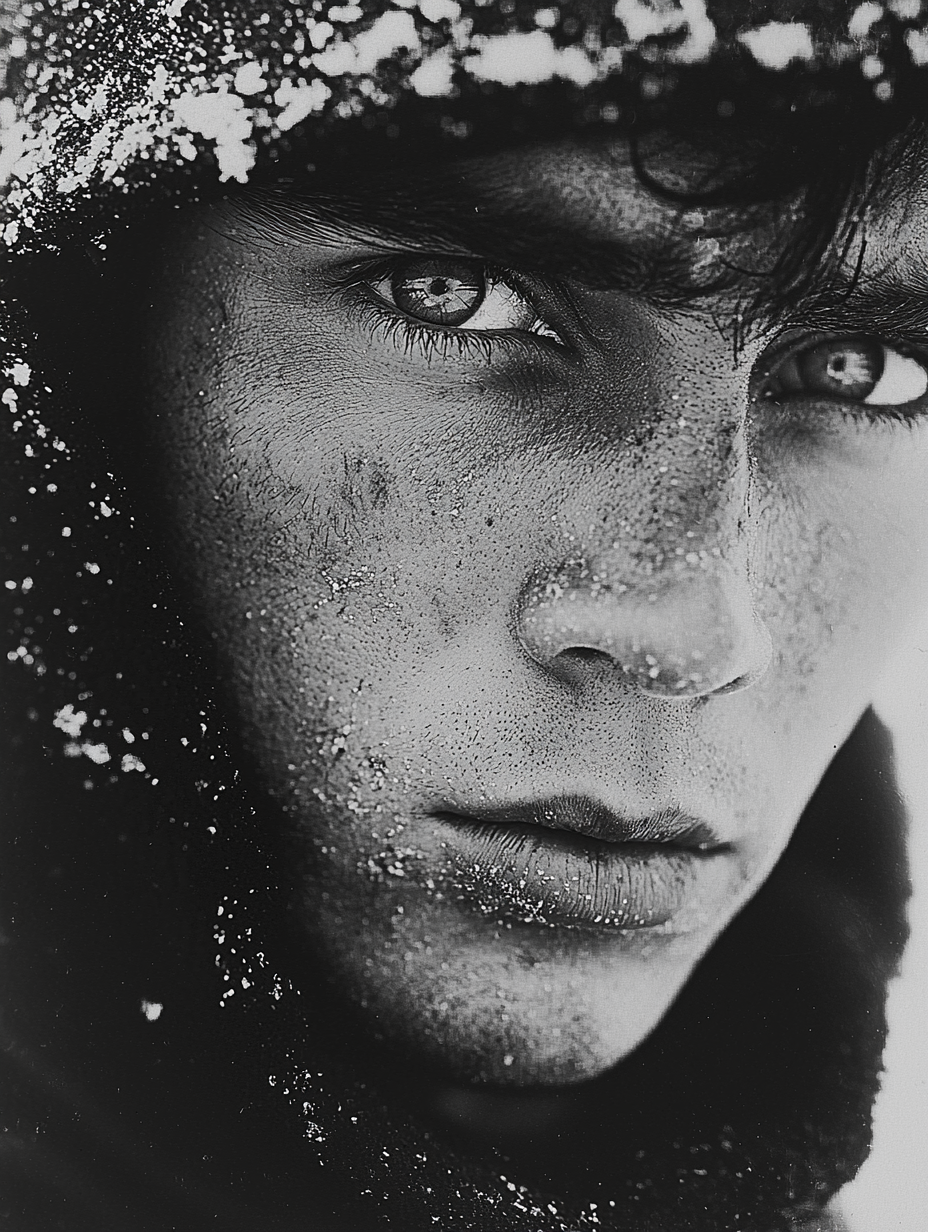 A grim Soviet soldier in black and white