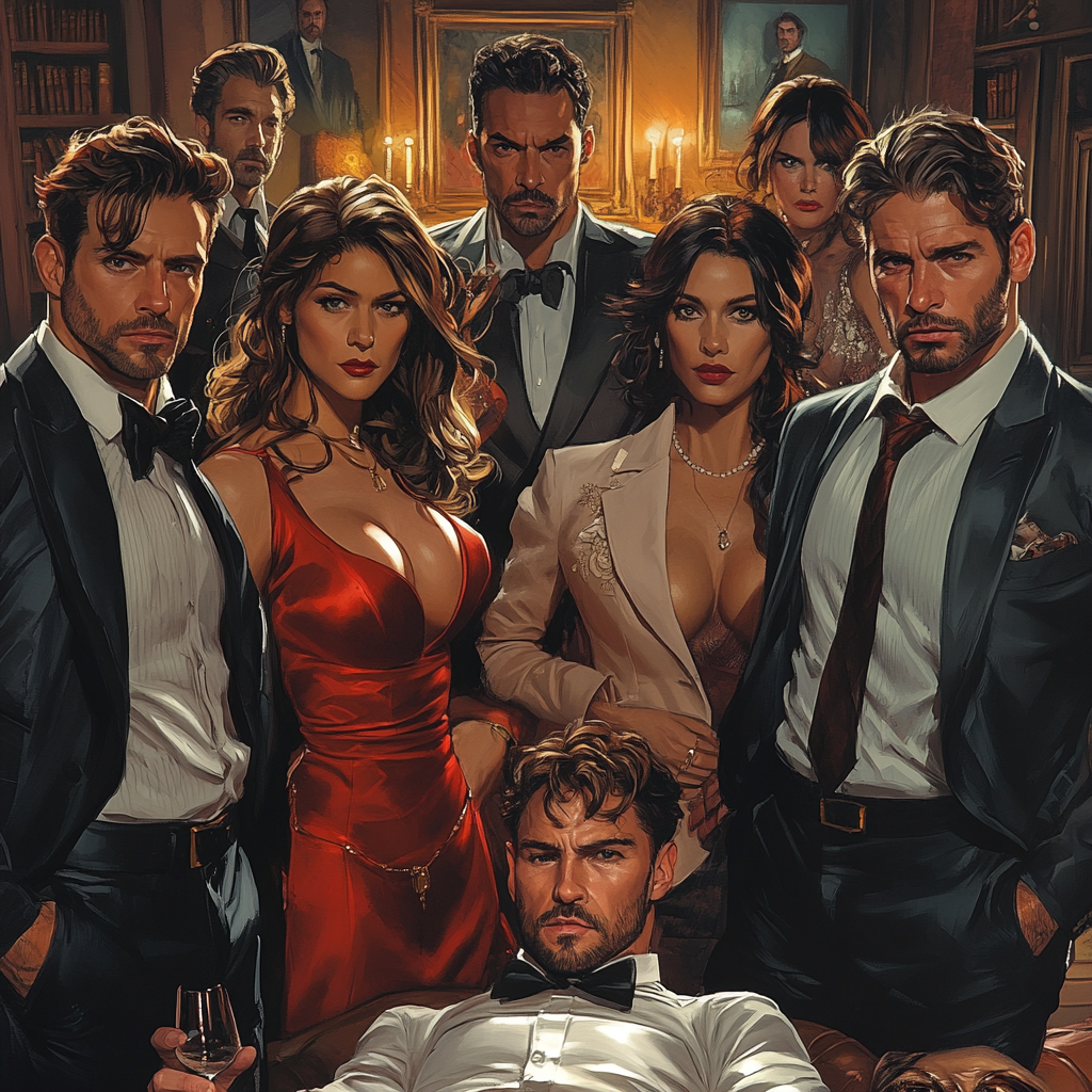 A group of 10 diverse detectives at a party