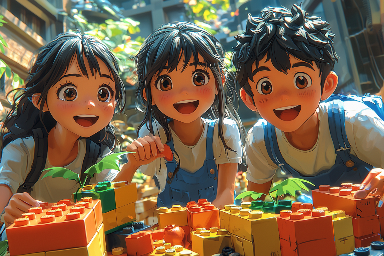 A group of people building legos in anime.