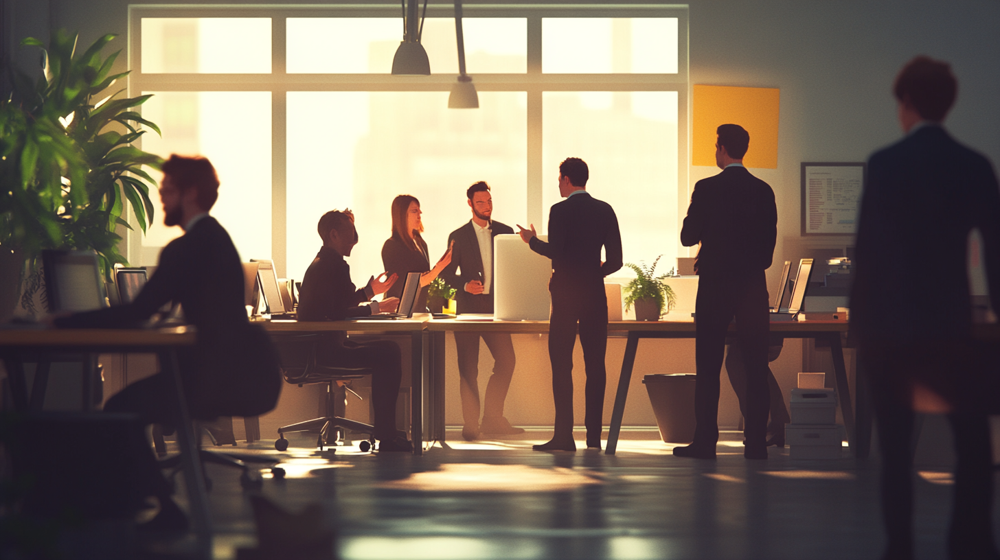 A group of professionals talking openly in office.