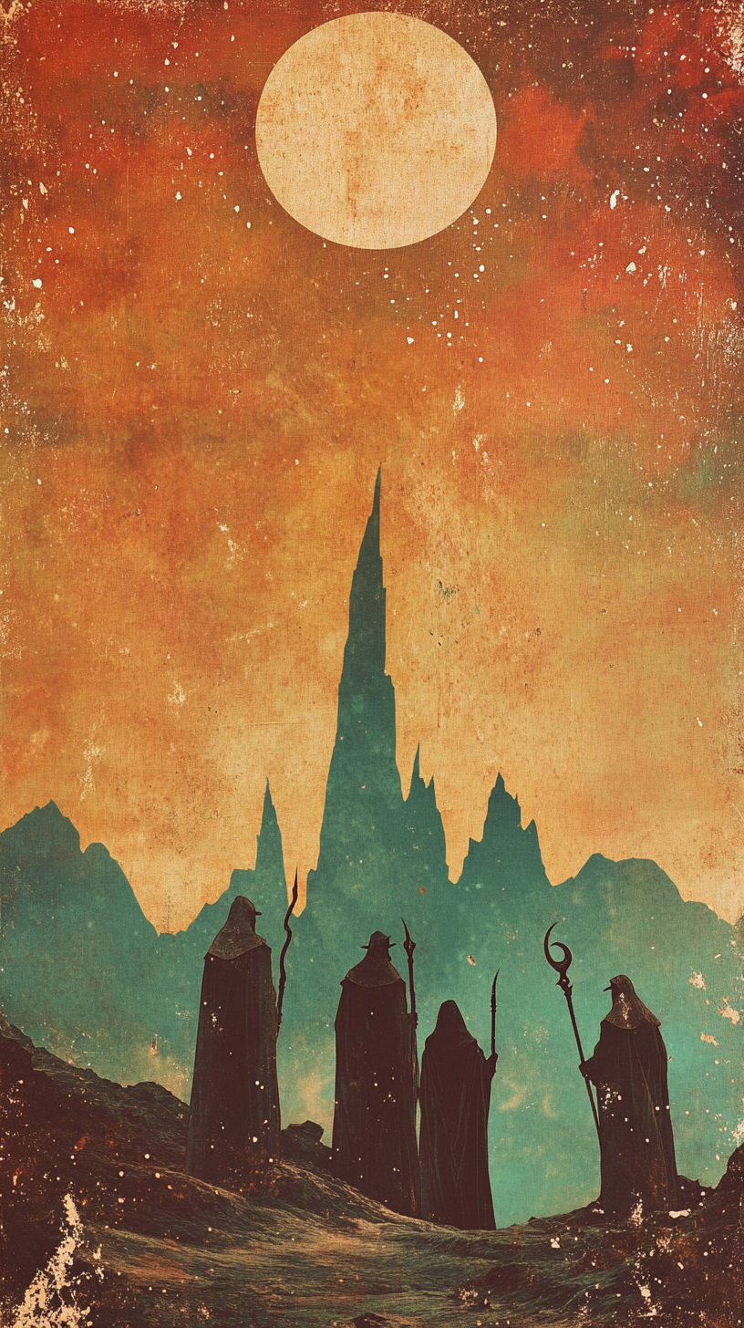 A group of wizards on dark fantasy book cover