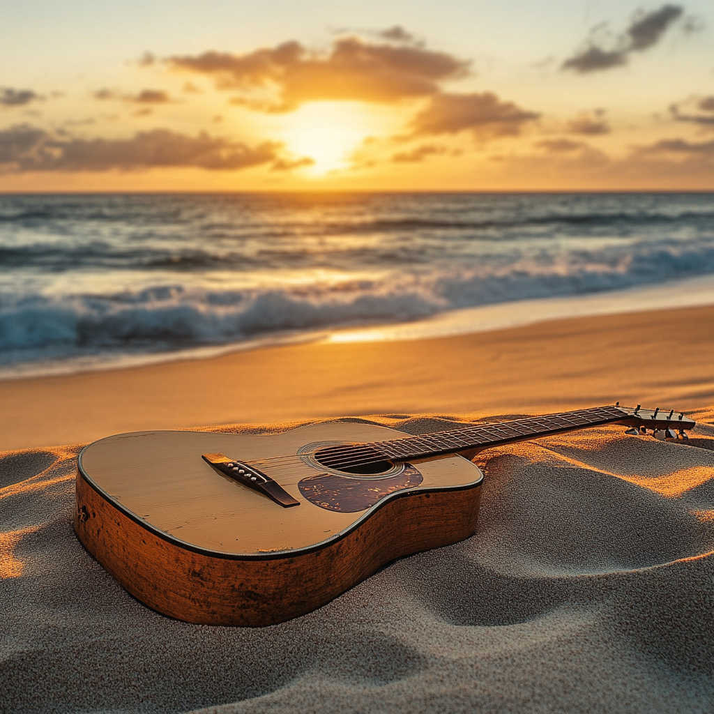 A guitar on sand with ocean and sunset scene.