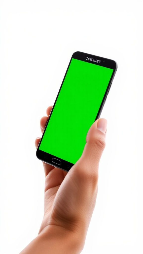 A hand holding a green Samsung Galaxy phone.