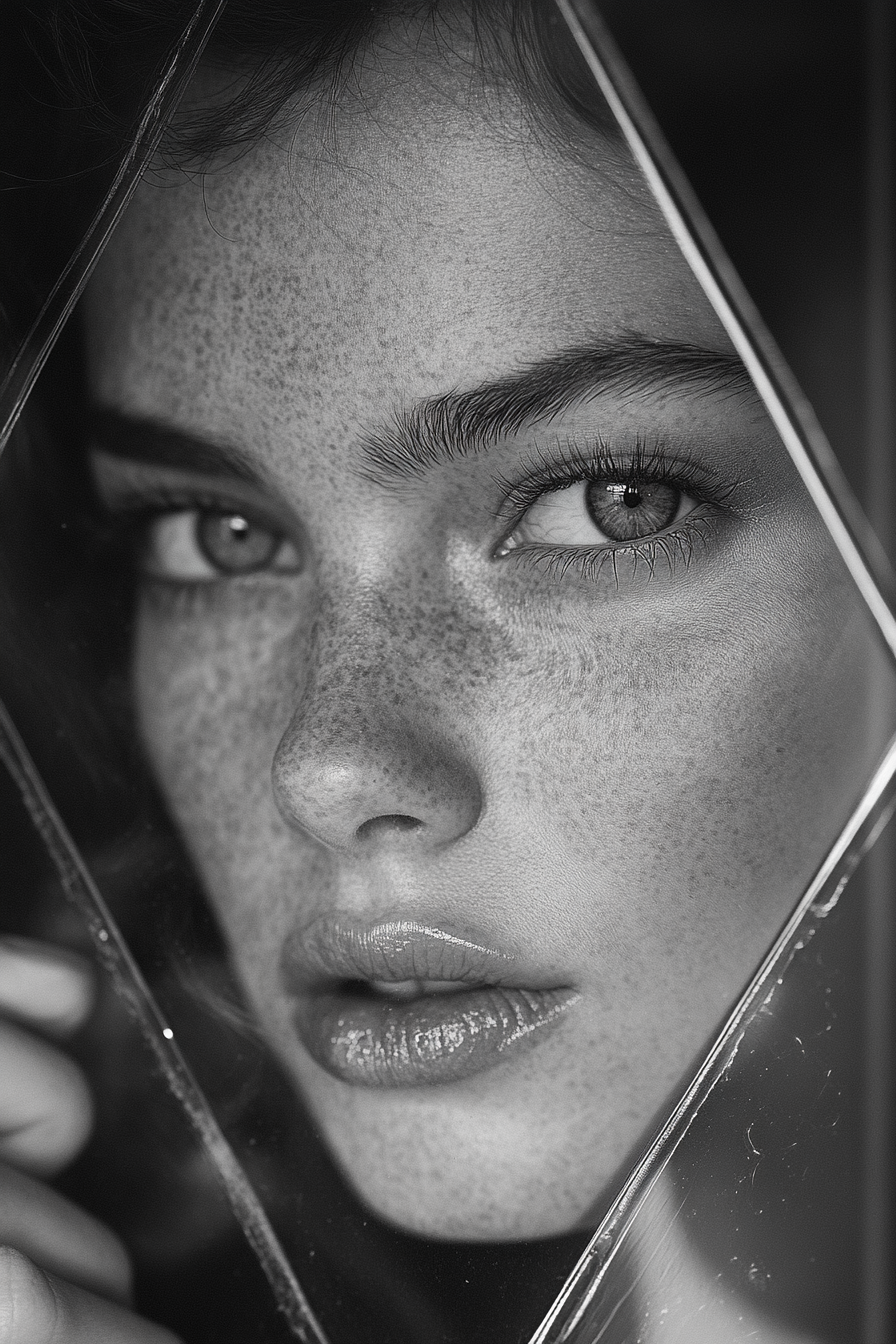 A hand holding a hexagon paper with a distorted young woman's face.