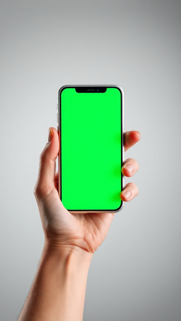 A hand holding a white iPhone with green screen.