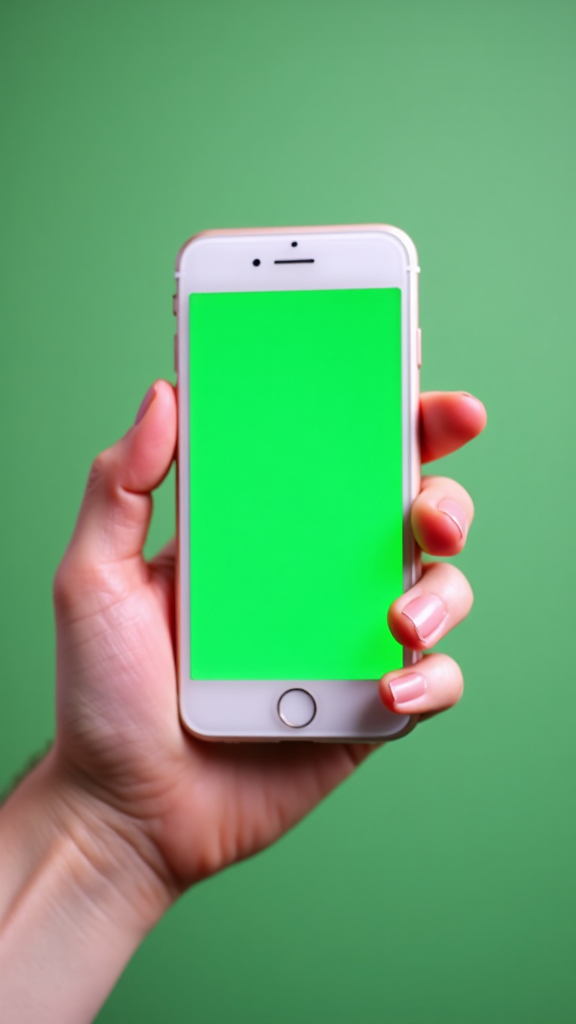 A hand holding a white iPhone with green screen.